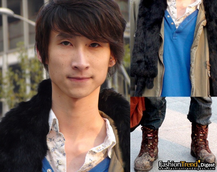 這一套我很喜歡，這位個子高高的男孩，用層次打造了一個魁梧的形象，黑色的水貂皮給了人一絲秋日里的暖意，藍色的毛衣里搭配一個藍色小印花的襯衫，體現了細膩的一面，而一雙藝術印花的靴子，增加了粗礦的感覺。 