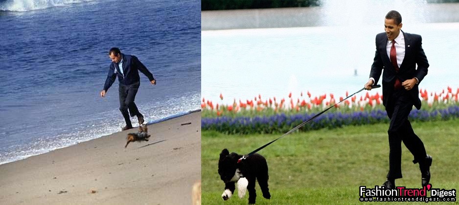 4月16日：新任總統(tǒng)被拍到穿著整套西裝溜他的新狗"Bo"，雖然有點不合時宜，但是總比 Nixon在海灘的裝束強(qiáng)多了。左圖為Nixon，右圖為Obama。 