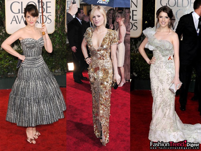 領口<br>
<br>
1. Tina Fey身著Zac Posen 2010度假系列禮服，佩戴Fred Leighton珠寶出席，有種50年代的優雅。<br>
<br>
2. Anna Paquin身著金色Stella McCartney禮服，大小不一的金色亮片布滿全身，奢華感十足。<br>
<br>
3. Anna Kendrick身著Marchesa薄荷白色的薄紗禮服，領口帶著荷葉邊裝飾。 